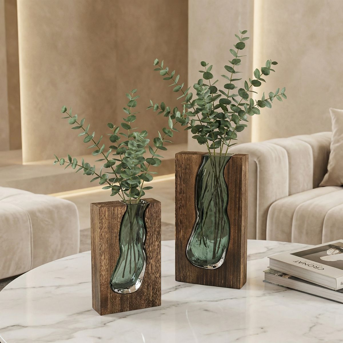 Glasvase mit natürlichem Holzrand im Live-Edge-Stil Skandinavisches Design dekorativ für Blumen | Sansoti