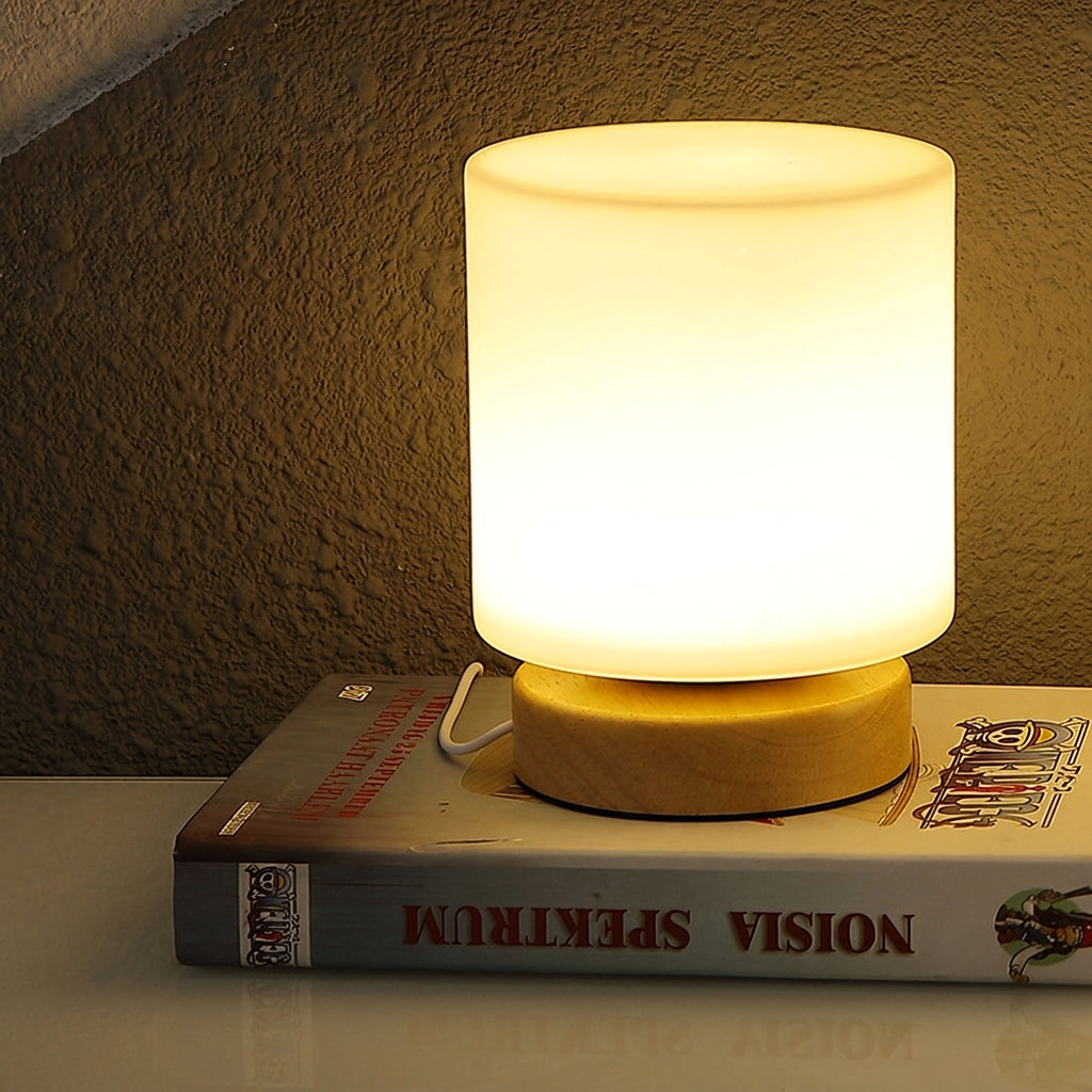 Lampe de table en verre avec pied en bois caoutchouté, éclairage à 360°, veilleuse d'ambiance, design moderne, accent décoratif | Sansoti