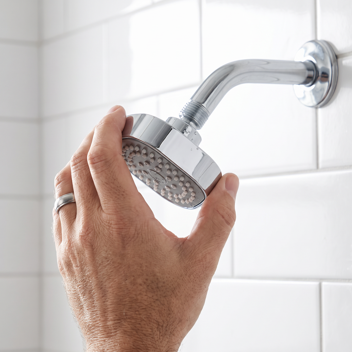 Douchekop met ingebouwd filter in de hand bij de douchearm