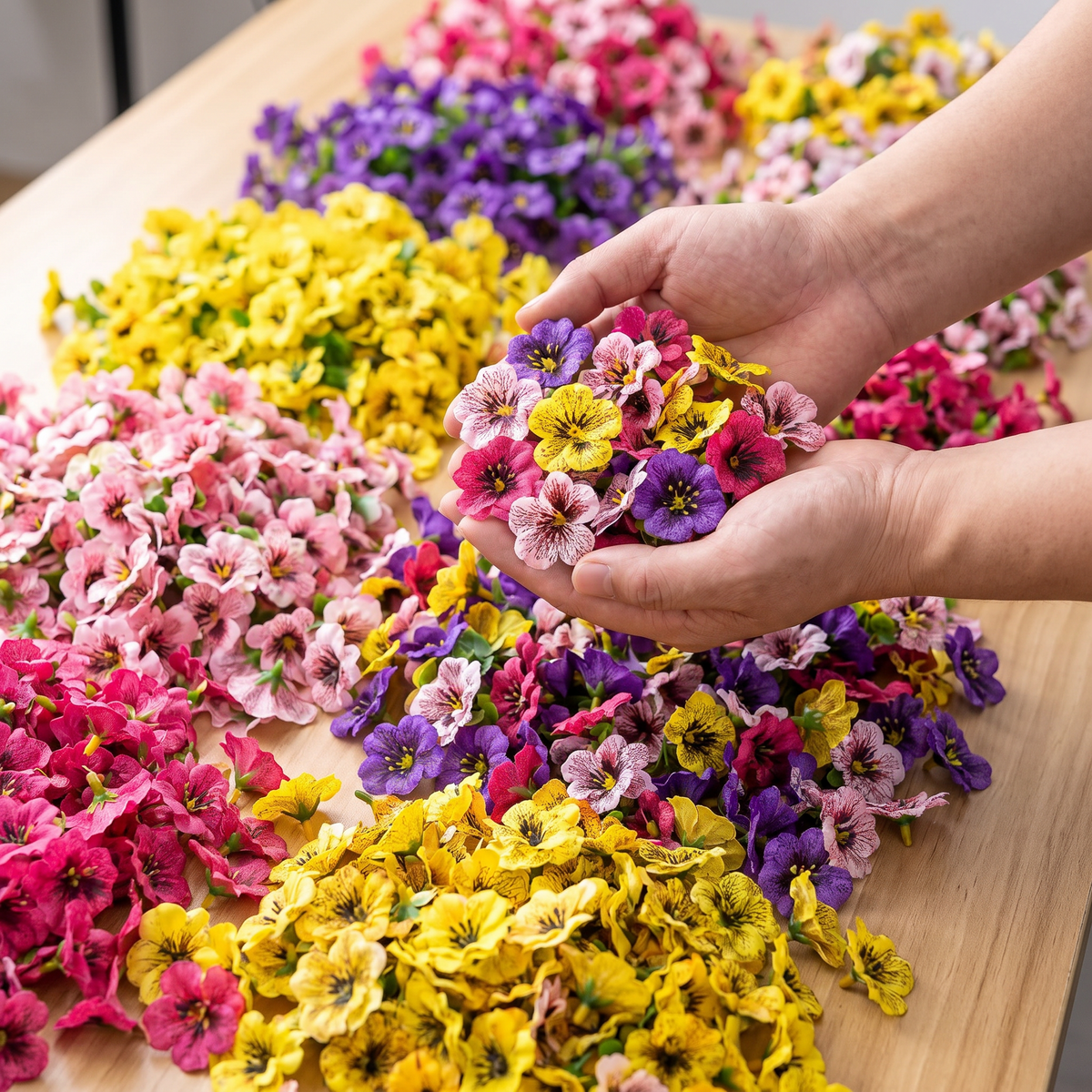 Grote hoeveelheid kunstbloemen uitgestald op een tafel