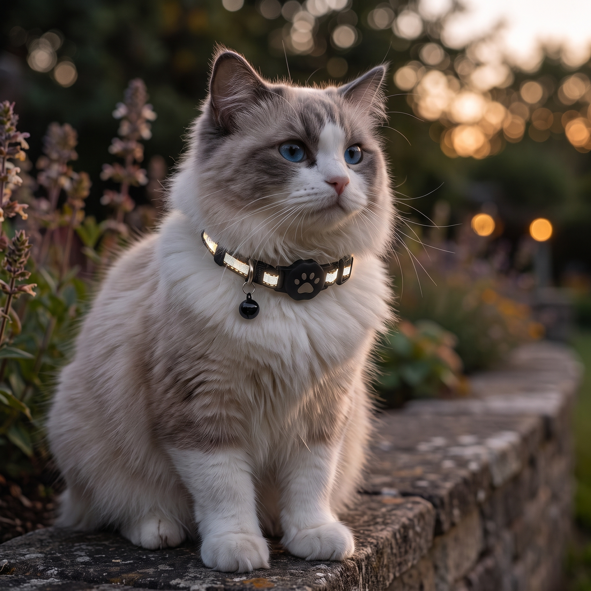 GPS halsband om de nek van een kat op een tuinmuur