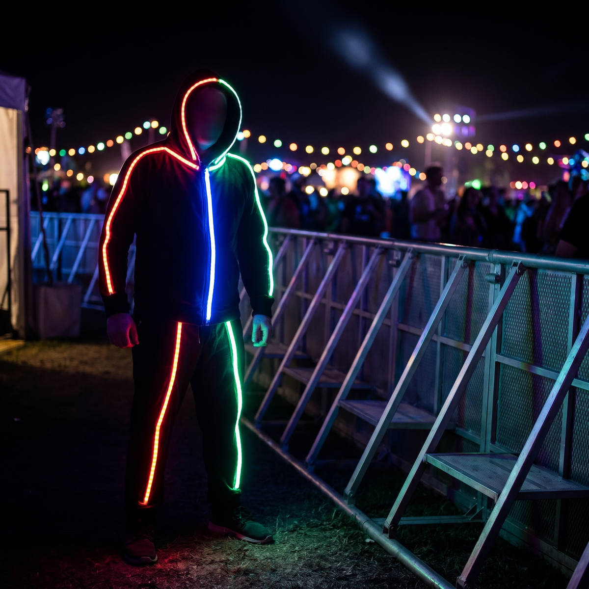 LED kostuum festival met stokfiguur lichteffect bij podium