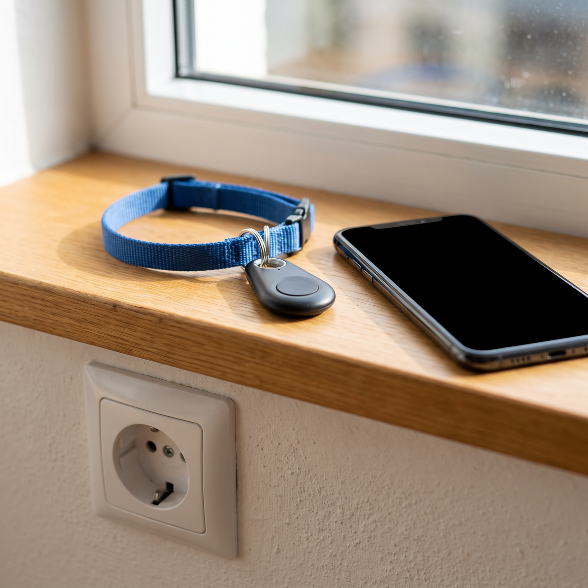 Bluetooth tracker aan kattenhalsband op vensterbank