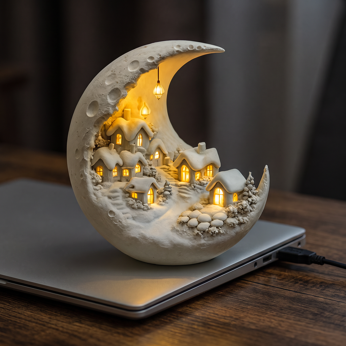 Acryl maanlamp op bureau met USB-kabel