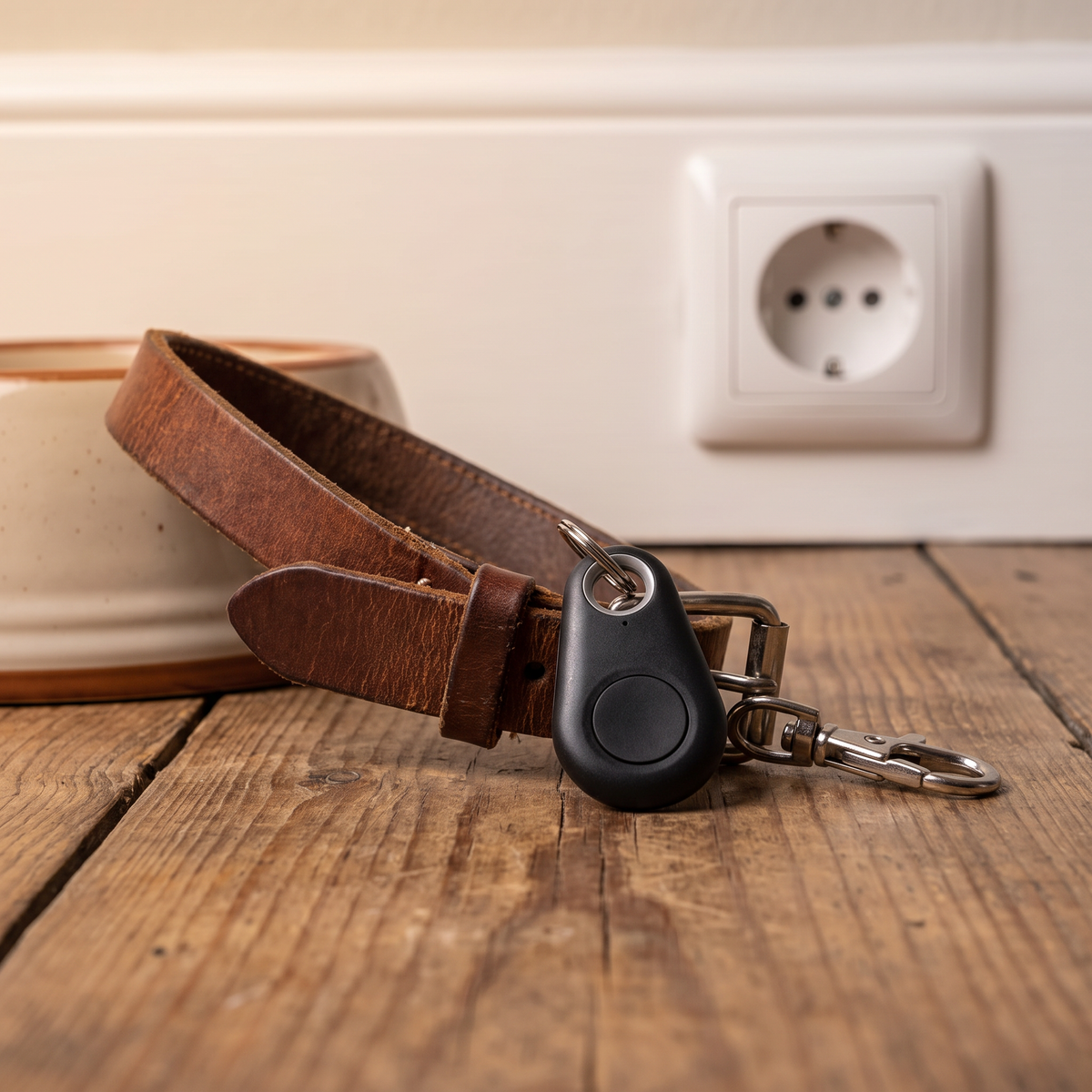 Bluetooth tracker aan hondenhalsband op houten vloer