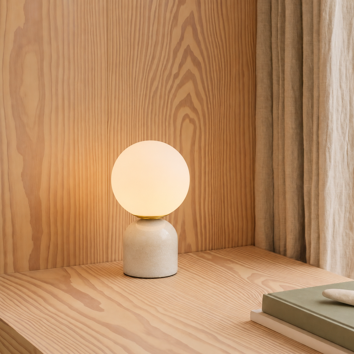 Tischlampe mit Marmorfuß und mattem Glaskugel-Schirm – Warmweiß LED 3000K – Skandinavisches Design für den Nachttisch | Sansoti