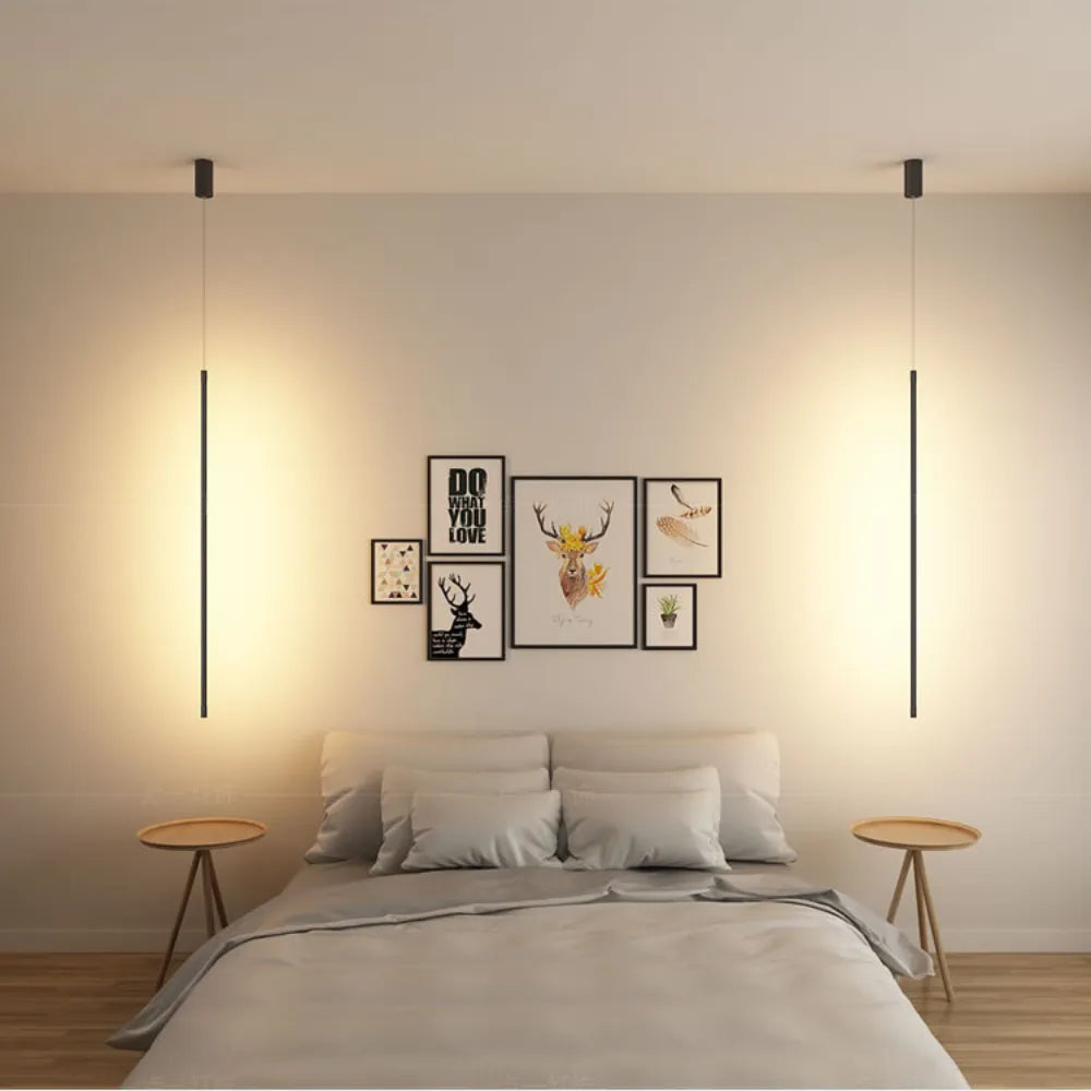 Minimalist Linear Pendant Bedside Lamp in Black Metal with Warm Light for Bedroom, Kitchen, Living Room | Sansoti