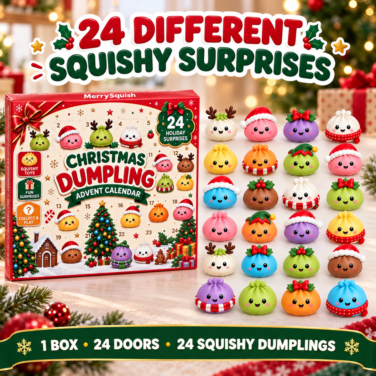 Adventskalender Squishies 24 Deurtjes Zachte TPR Dumplingfiguurtjes Doos 28 x 18 cm Individueel Verpakt Slow Rising | Sansoti