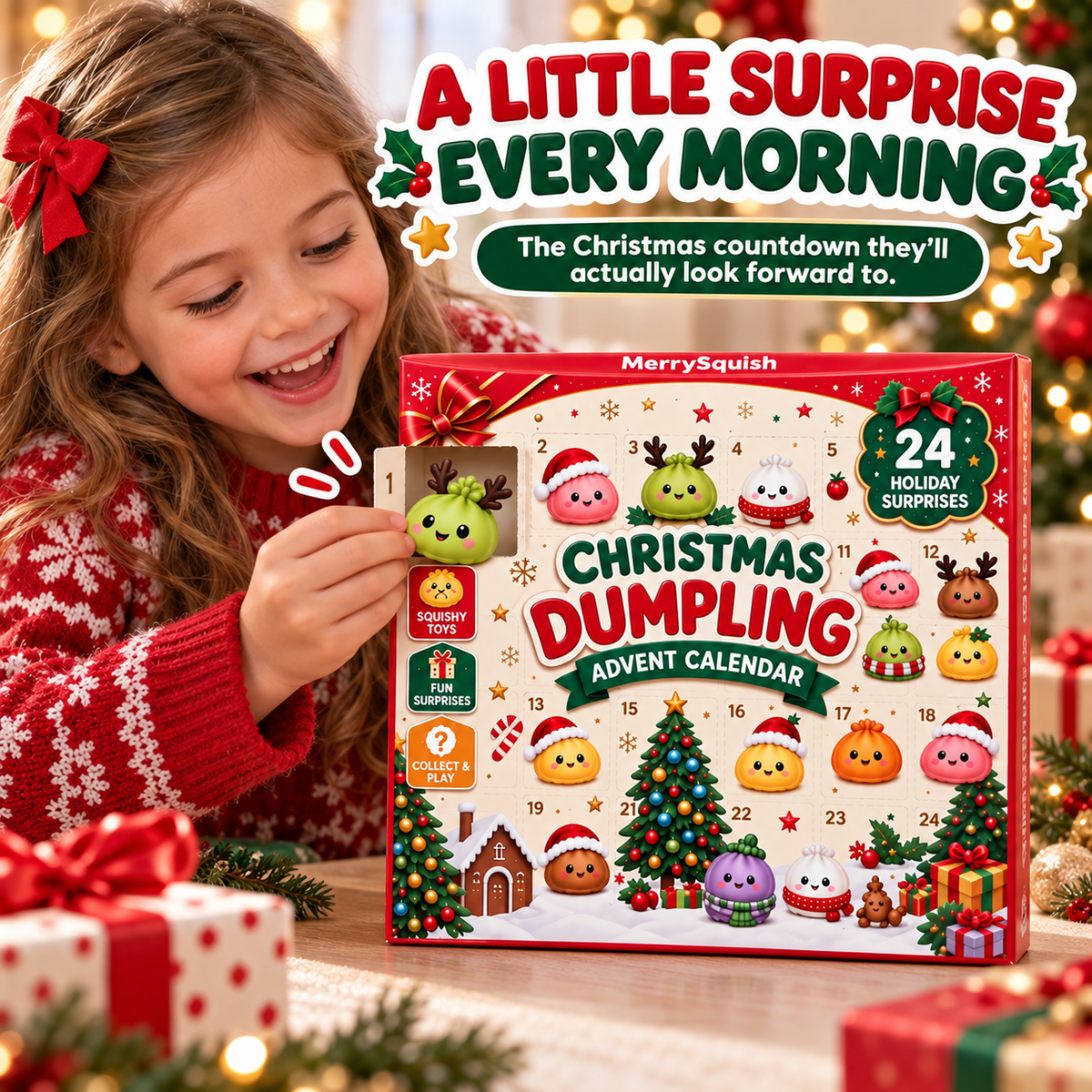Adventskalender Squishies 24 Deurtjes Zachte TPR Dumplingfiguurtjes Doos 28 x 18 cm Individueel Verpakt Slow Rising | Sansoti