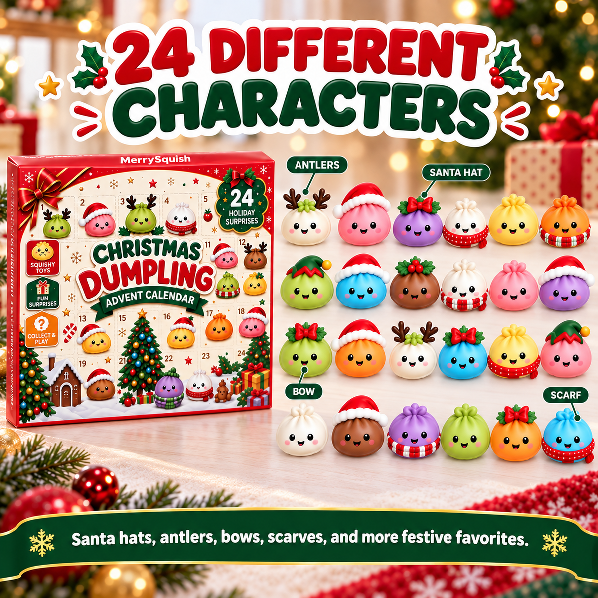 Adventskalender Squishies 24 Deurtjes Zachte TPR Dumplingfiguurtjes Doos 28 x 18 cm Individueel Verpakt Slow Rising | Sansoti