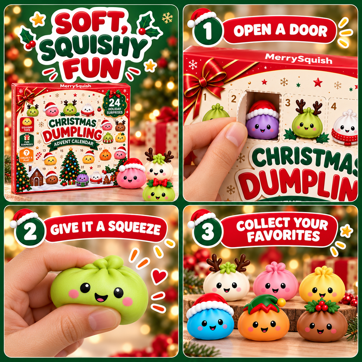 Adventskalender Squishies 24 Deurtjes Zachte TPR Dumplingfiguurtjes Doos 28 x 18 cm Individueel Verpakt Slow Rising | Sansoti