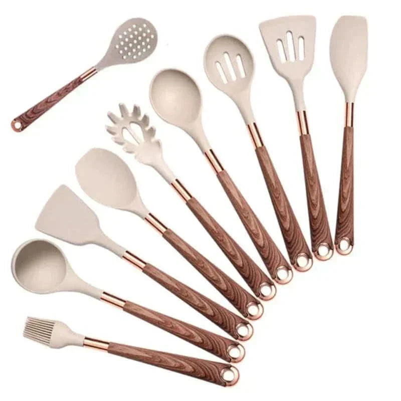 10-Piece Kitchen Utensil Set, Heat-Resistant Silicone with Wooden Handles, Non-Stick Cookware Utensils, Spatula | Sansoti