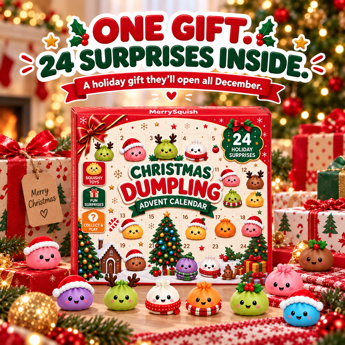 Adventskalender Squishies 24 Deurtjes Zachte TPR Dumplingfiguurtjes Doos 28 x 18 cm Individueel Verpakt Slow Rising | Sansoti