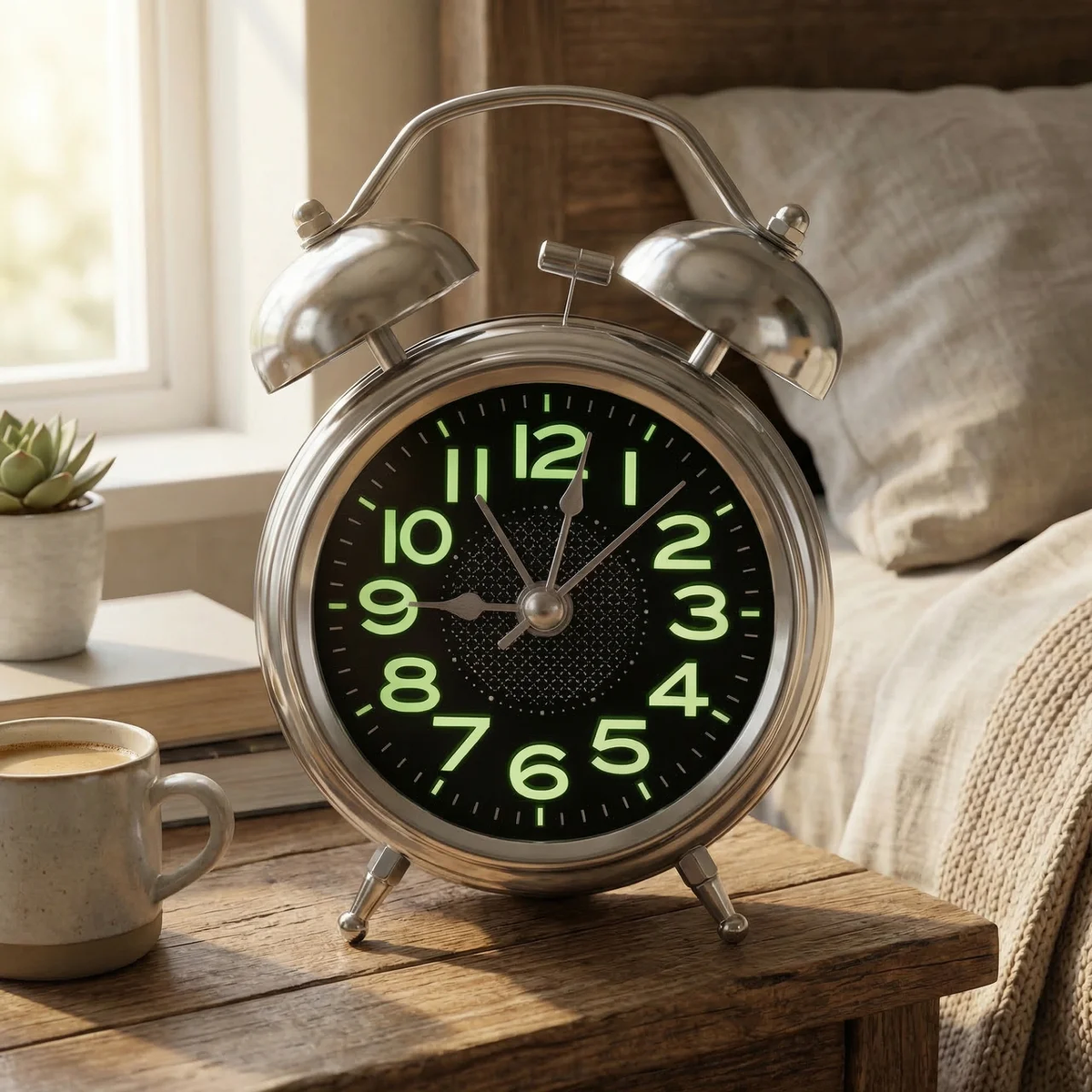 Retro Wekker met Dubbele Bel Zilverkleurige Metalen Behuizing Stille Quartz Beweging Nachtlicht Mechanisch Alarm voor Diepe Slapers Glazen Voorplaat 10cm Klassiek Design Batterijvoeding | Sansoti