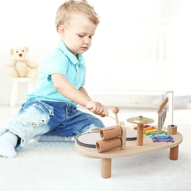 Estación musical de madera para niños con xilófono, tambor y campana, juguete educativo e instrumentos musicales Montessori | Sansoti