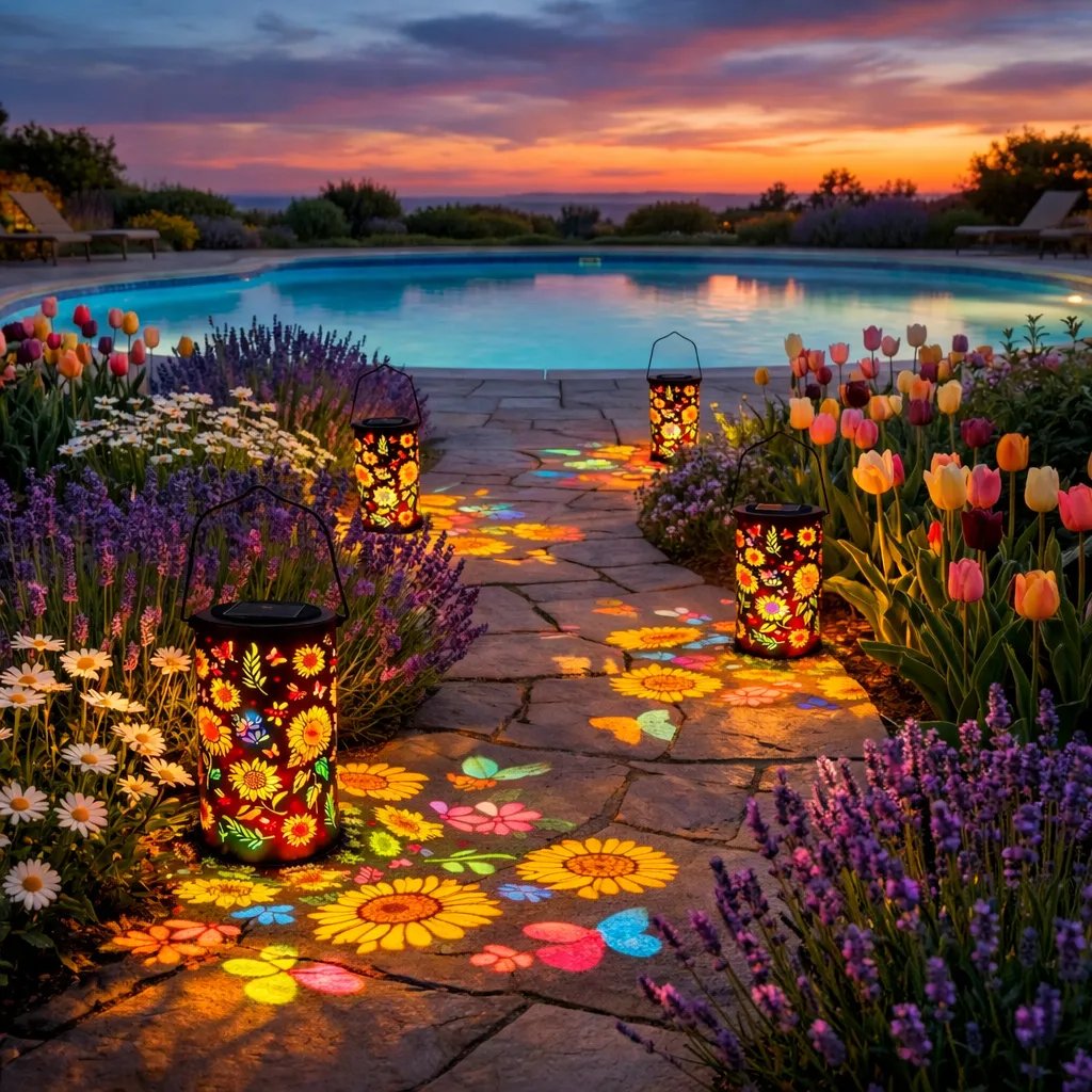 Decorative Solar Garden Lantern with Flower Pattern for Patio and Garden | Warm & Colored Light | Ambient Lighting for Garden Path and Balcony | Sansoti
