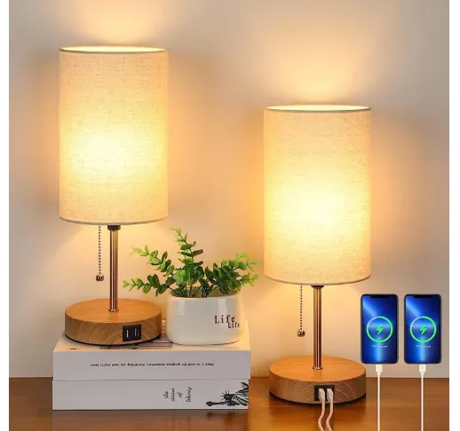 Set of 2 Modern Table Lamps with USB Ports and Integrated Outlet – Stylish Night Lights with Pull Switch for Bedroom Living Room Office | Sansoti
