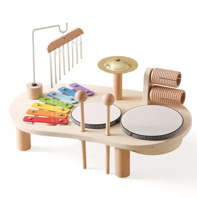 Estación musical de madera para niños con xilófono, tambor y campana, juguete educativo e instrumentos musicales Montessori | Sansoti
