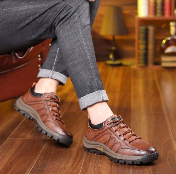 Orthopädische Herrenschuhe aus Leder, wasserdicht, mit ergonomischer Gummisohle, komfortabel, Schwarz und Braun, zum Wandern und für Outdoor-Aktivitäten | Sansoti
