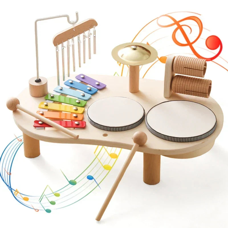 Musikstation aus Holz für Kinder mit Xylofon, Trommel und Glocke – pädagogisches Lernspielzeug und Musikinstrumente nach Montessori | Sansoti
