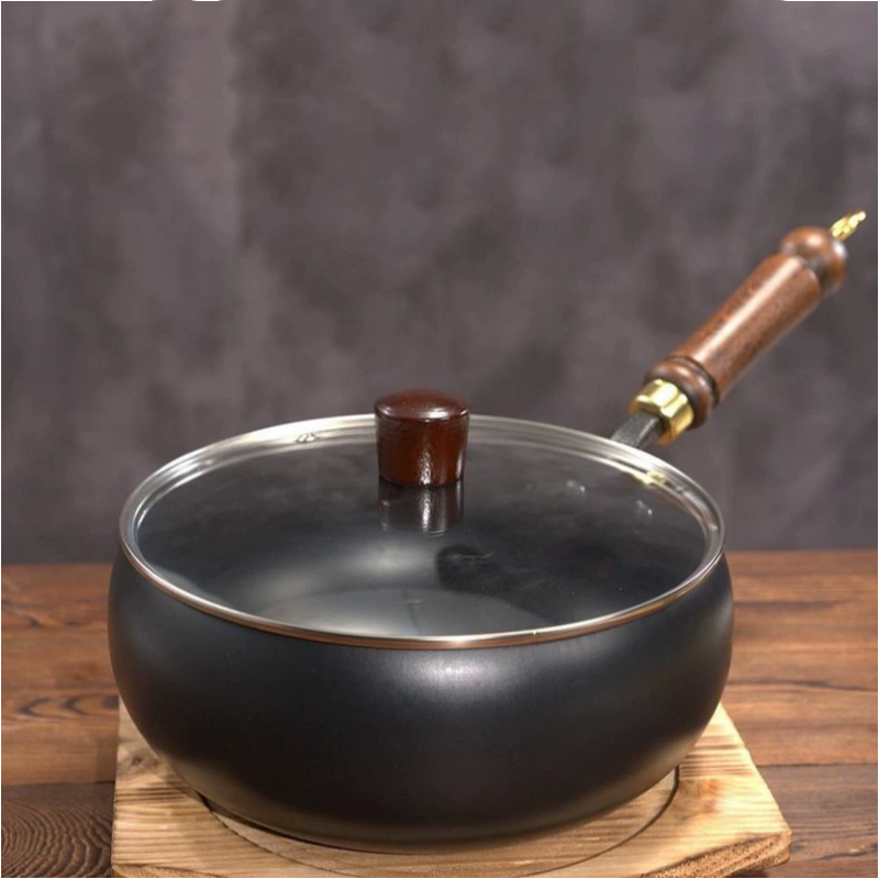 Gusseiserne Wokpfanne Mit Deckel Schwarz Ofenfest 24cm | Sansoti