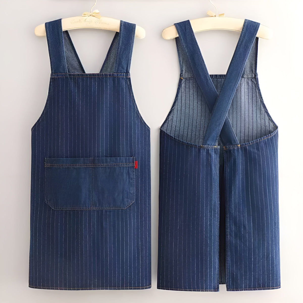 Polyester Kitchen Apron Crossback Denim Style Blue Hearts Stripe Front Pockets Cooking Baking Unisex Apron | Sansoti