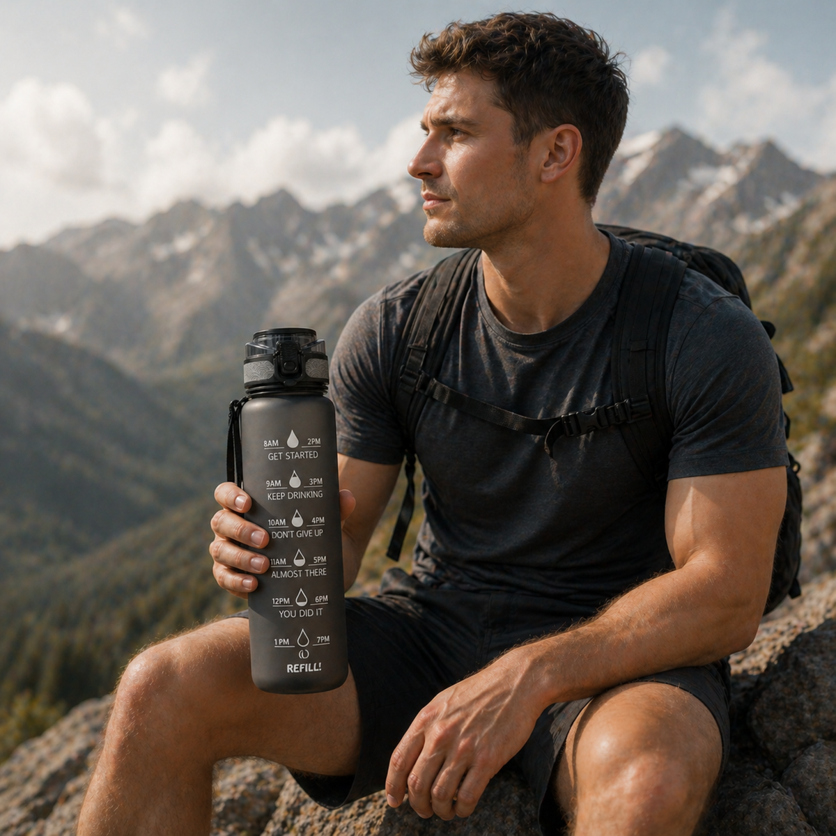 Water Bottle with Time Markers 1000ml Motivation Water Intake BPA-Free Sport Fitness Hydration Timeline Daily | Sansoti