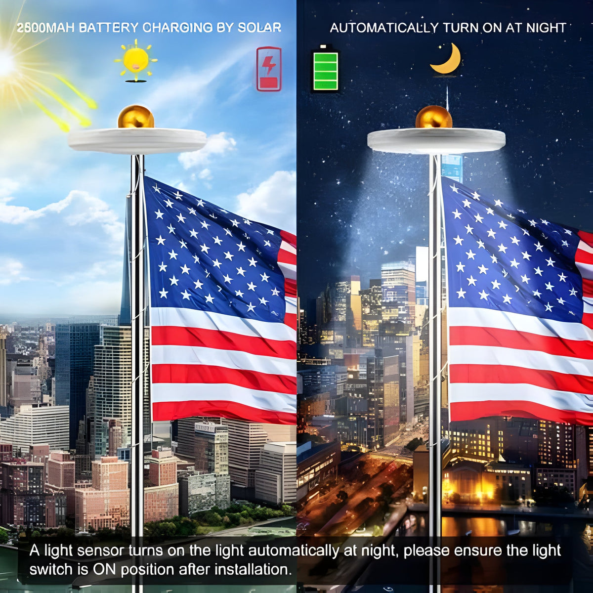 Solar-Powered Flagpole Top LED Light 700 Lumens White Light Waterproof IP67 Automatic for Garden | Sansoti