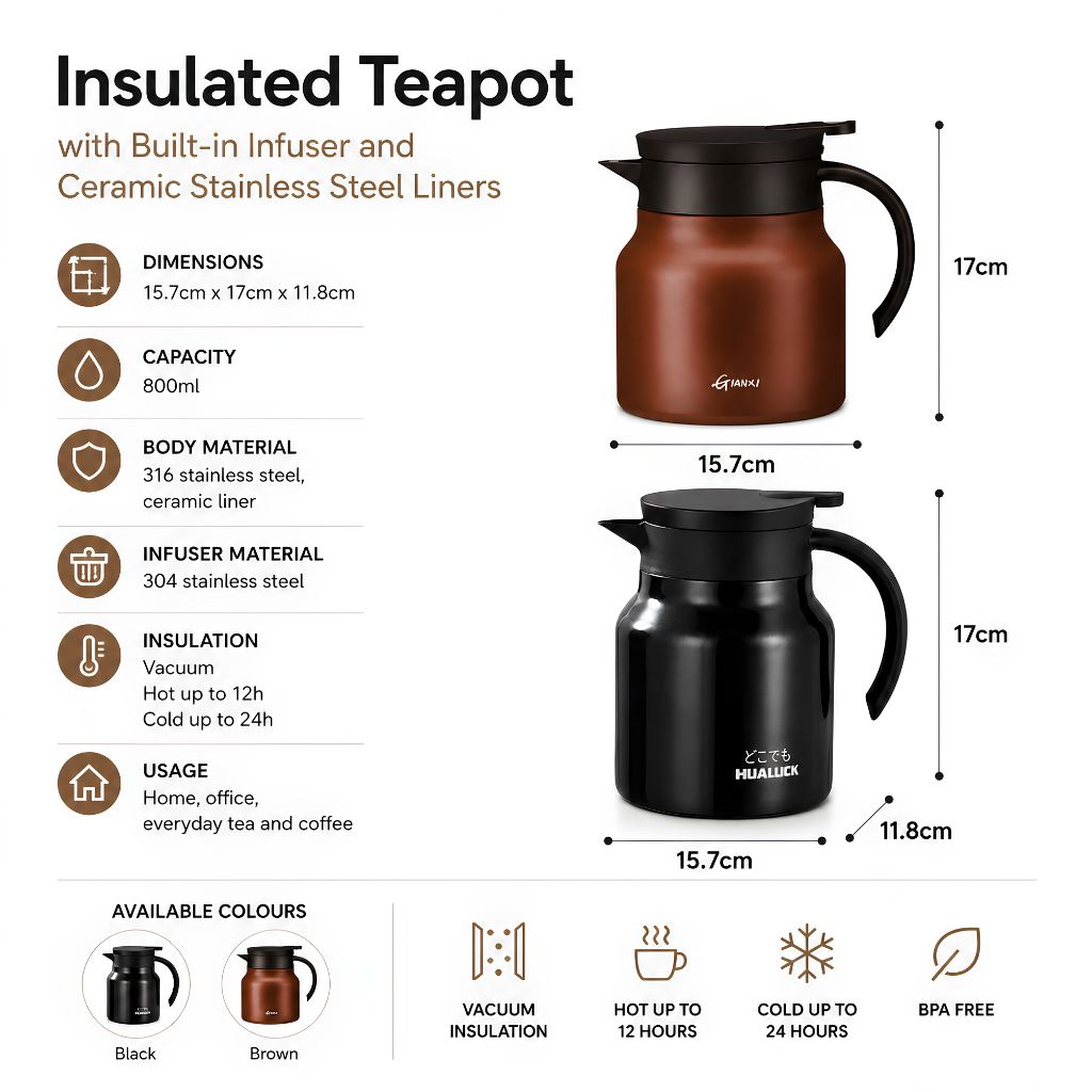 Thermos avec infuseur à thé 800 ml à double paroi en acier inoxydable et céramique, pichet isotherme, théière et cafetière | Sansoti