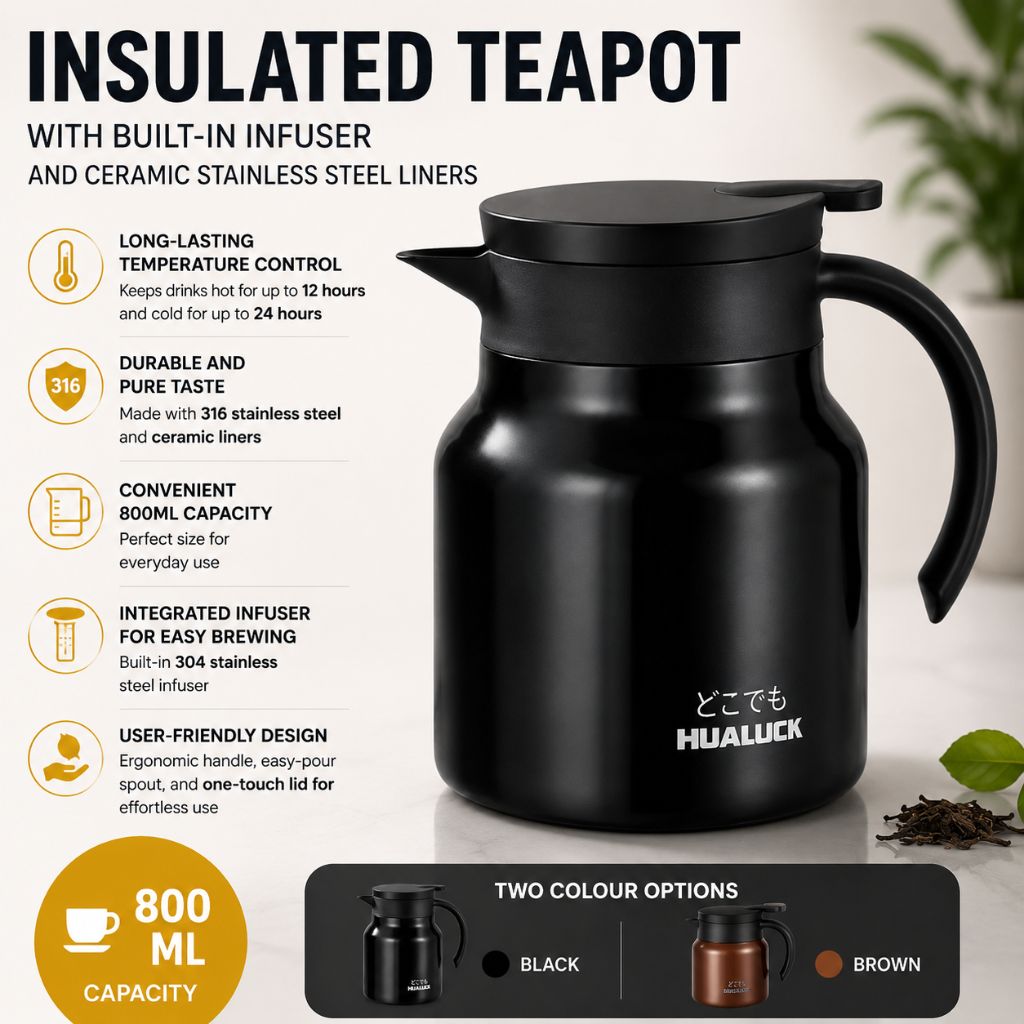 Thermos avec infuseur à thé 800 ml à double paroi en acier inoxydable et céramique, pichet isotherme, théière et cafetière | Sansoti