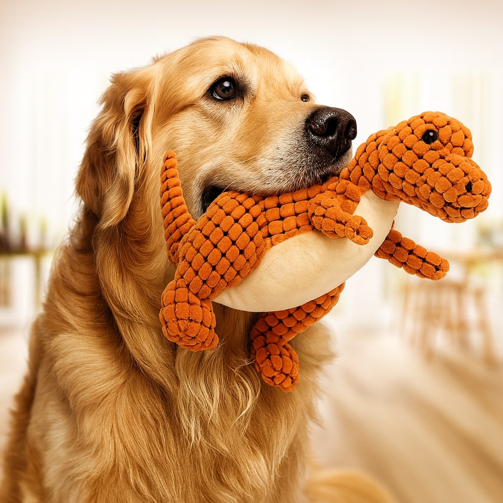 Plush Dog Toy Dinosaur – Sturdy Interactive Chew Toy with Squeaker for Small Dogs – Orange Brown Green | Sansoti