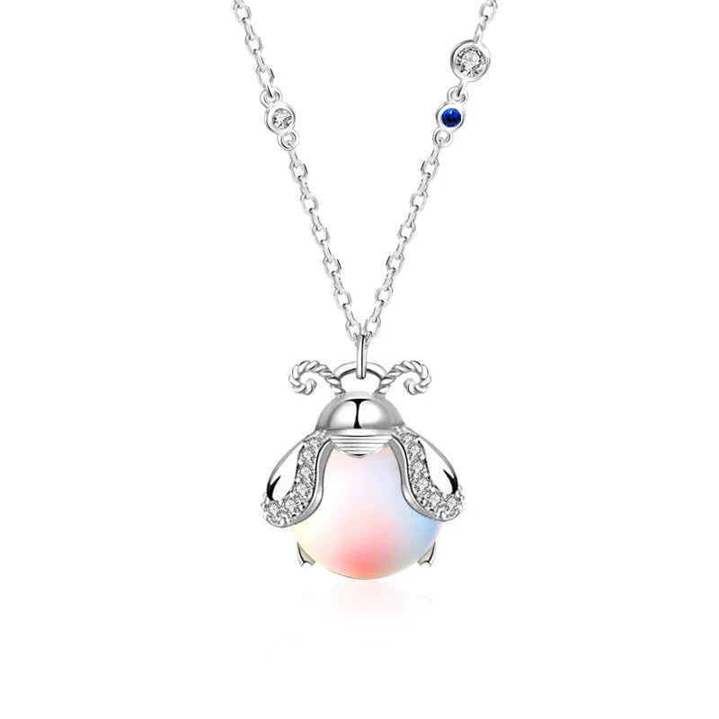 Glowing Moonstone Necklace with Firefly Motif Silver-Plated Pendant | Sansoti