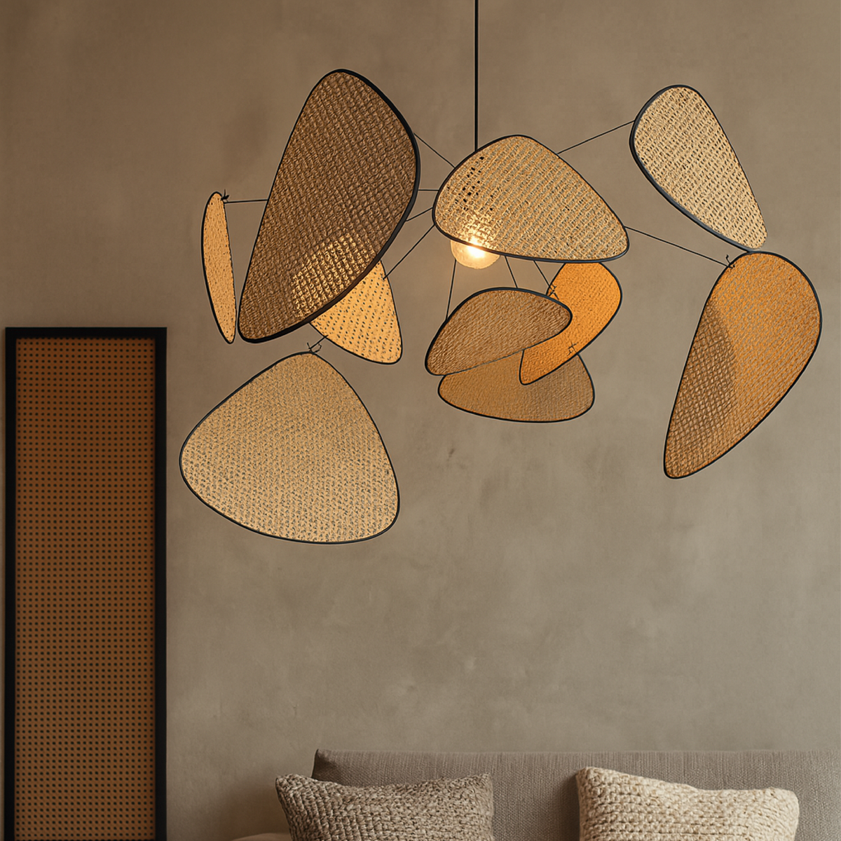 Suspension rotin LED 3000K blanc chaud chambre coin repas design organique rotin éclairage lampe de plafond style naturel | Sansoti