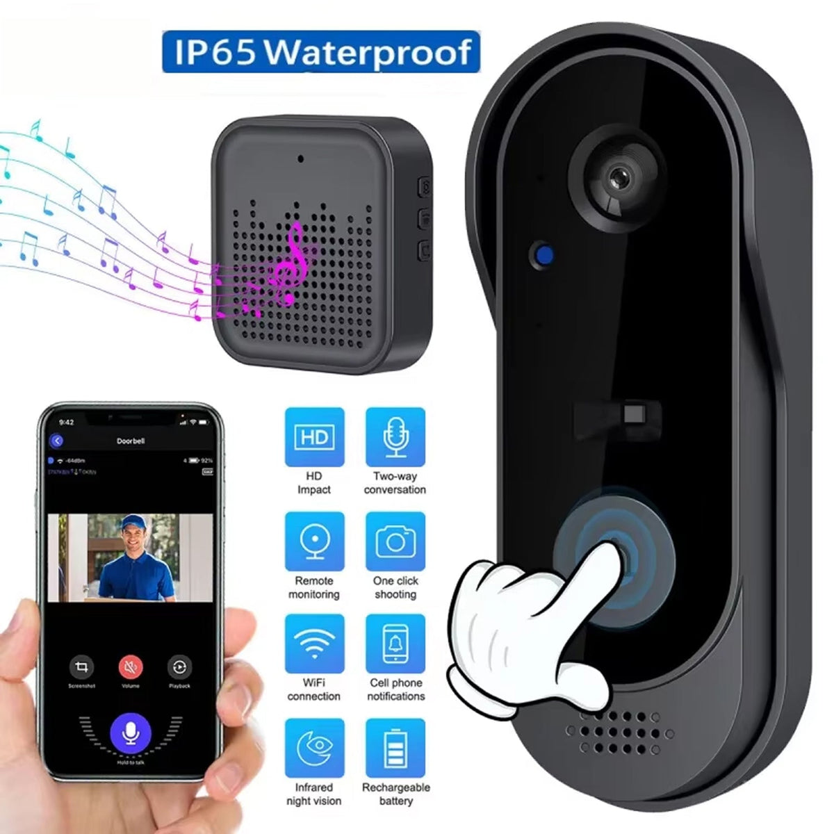 Sonnette vidéo sans fil avec caméra HD, vision nocturne, audio bidirectionnel, résistance aux intempéries IP65, stockage cloud gratuit | Sansoti