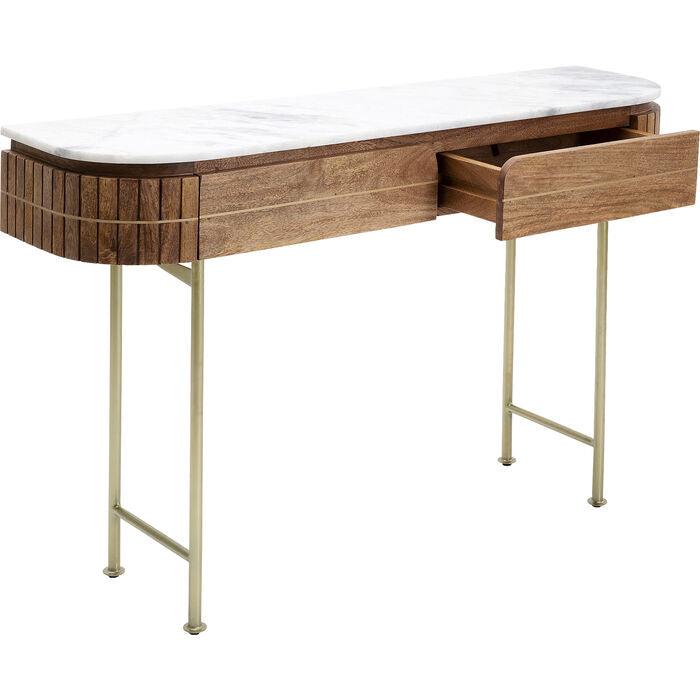 Luxury oval wooden console table with marble top and gold legs – modern design side table with drawers 100 cm | Sansoti