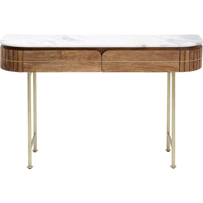 Luxury oval wooden console table with marble top and gold legs – modern design side table with drawers 100 cm | Sansoti