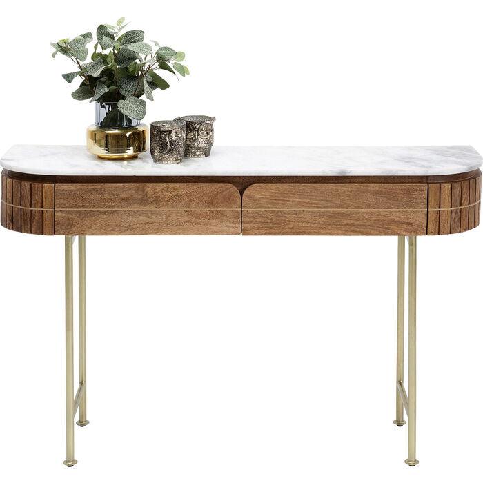 Luxury oval wooden console table with marble top and gold legs – modern design side table with drawers 100 cm | Sansoti