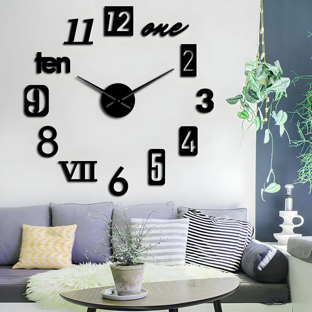 3D Wall Clock with Large Numbers Self-Adhesive Modern Design Silent Black Silver Gold Red Glow-in-the-Dark for Living Room Bedroom Office | Sansoti