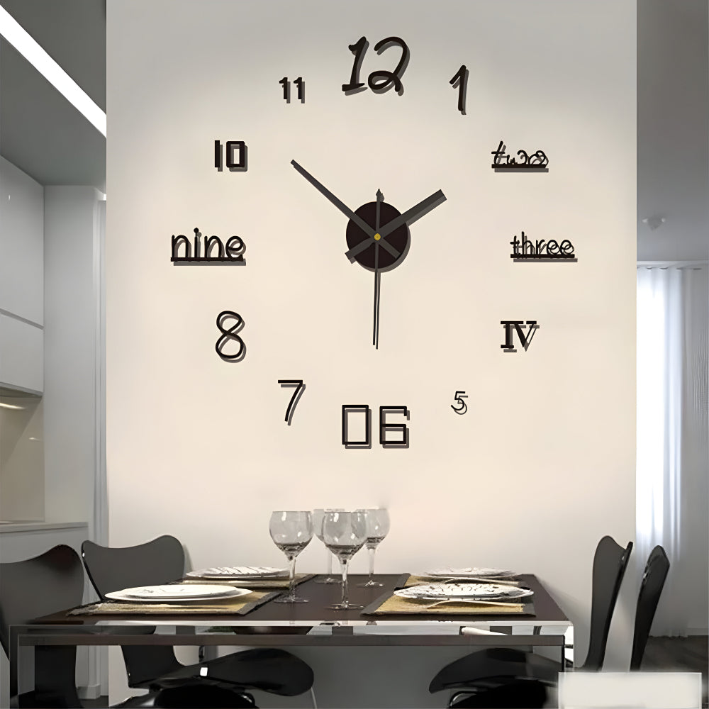 3D Wall Clock with Large Numbers Self-Adhesive Modern Design Silent Black Silver Gold Red Glow-in-the-Dark for Living Room Bedroom Office | Sansoti
