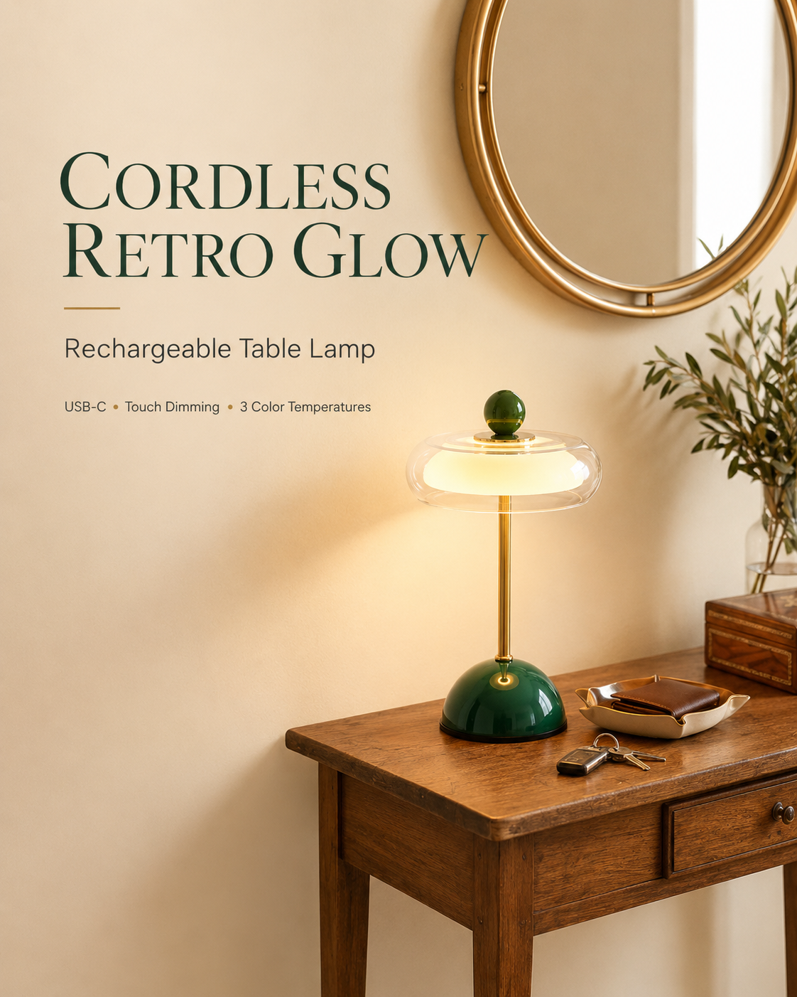 Wiederaufladbare Glastischlampe mit Dimmfunktion – Retro-Design in 6 Farben – USB-C – 3 Farbtemperaturen | Sansoti