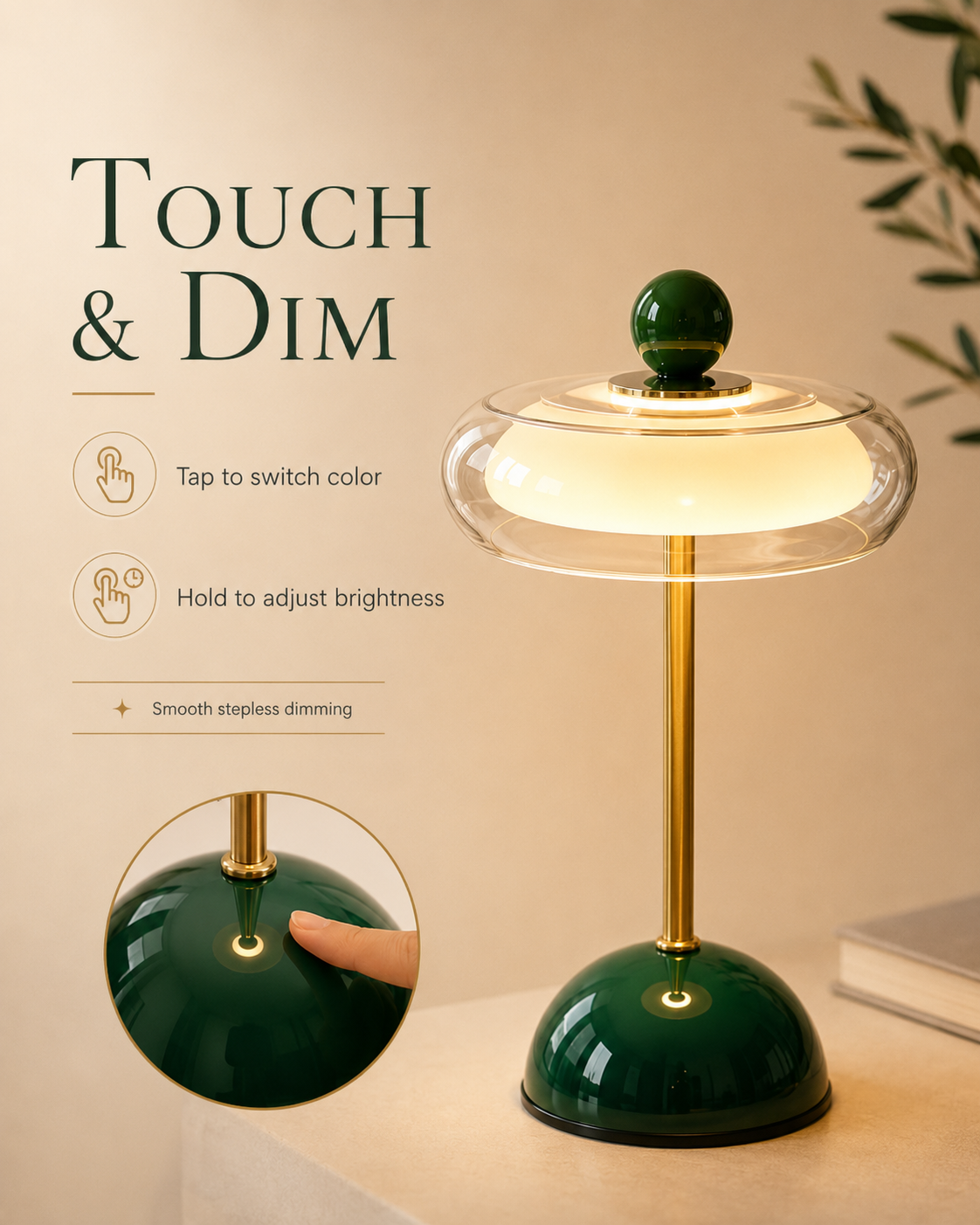 Wiederaufladbare Glastischlampe mit Dimmfunktion – Retro-Design in 6 Farben – USB-C – 3 Farbtemperaturen | Sansoti