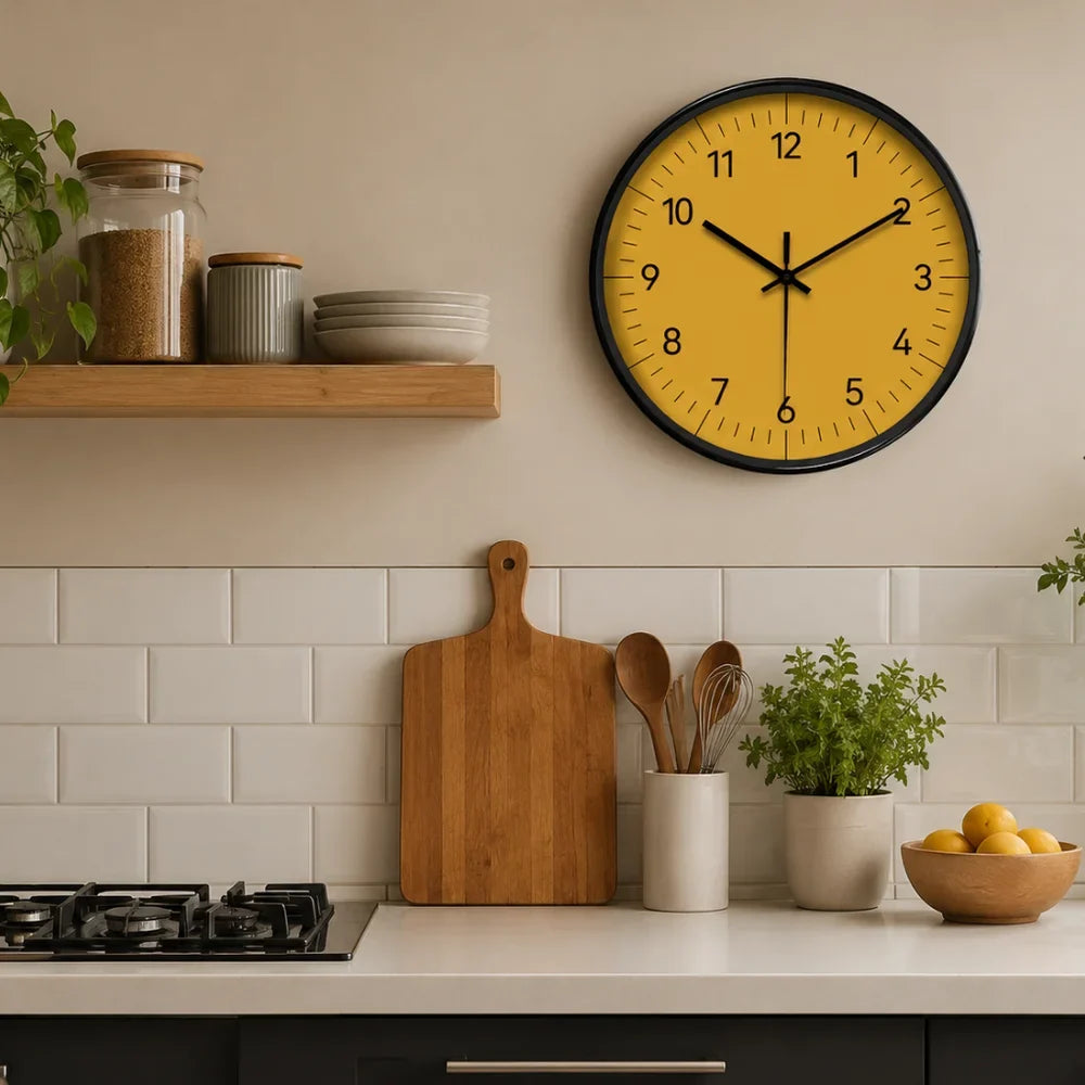 Yellow Wall Clock with Silent Movement, 25–35 cm, Scandinavian Minimalist Analog Design for Living Room, Bedroom, or Kitchen | Sansoti