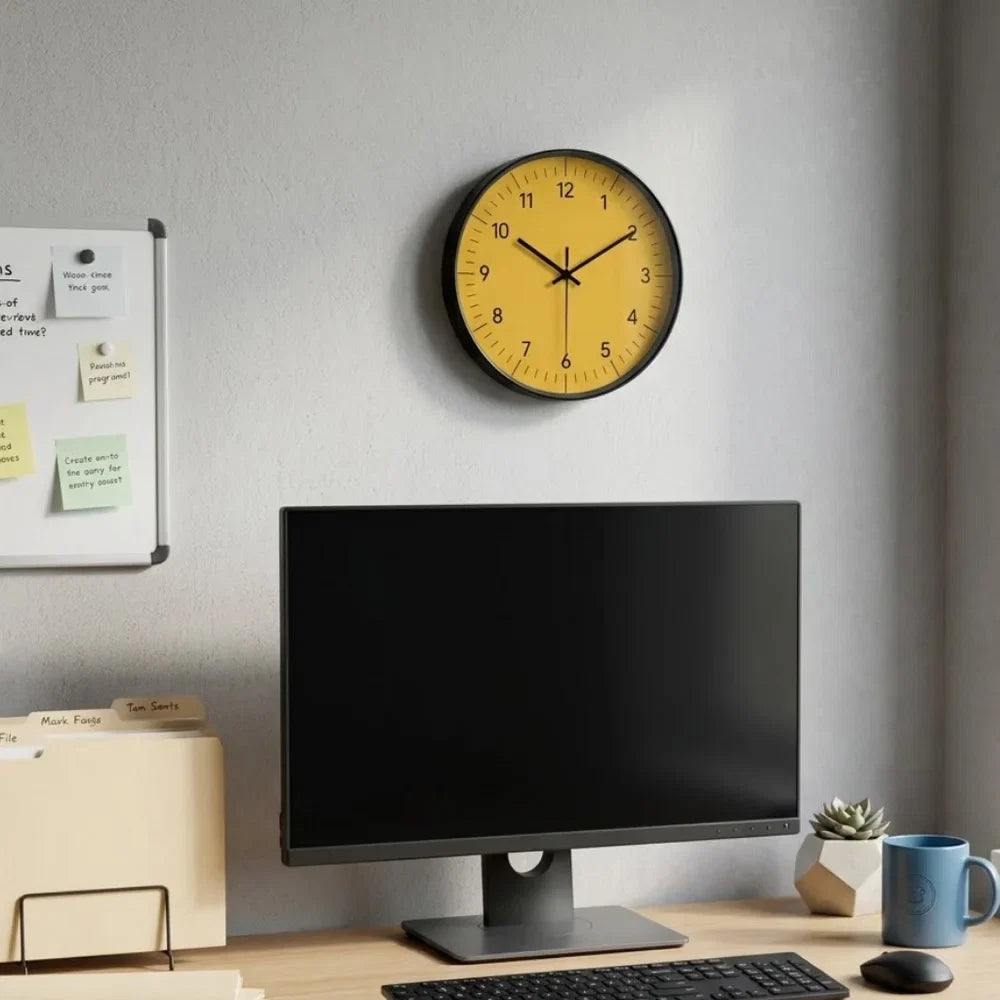 Yellow Wall Clock with Silent Movement, 25–35 cm, Scandinavian Minimalist Analog Design for Living Room, Bedroom, or Kitchen | Sansoti