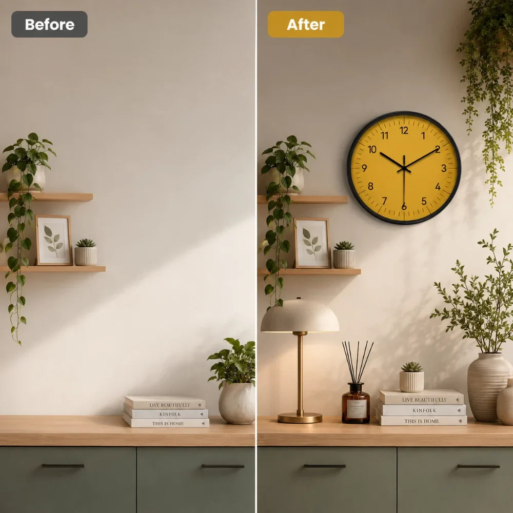 Yellow Wall Clock with Silent Movement, 25–35 cm, Scandinavian Minimalist Analog Design for Living Room, Bedroom, or Kitchen | Sansoti
