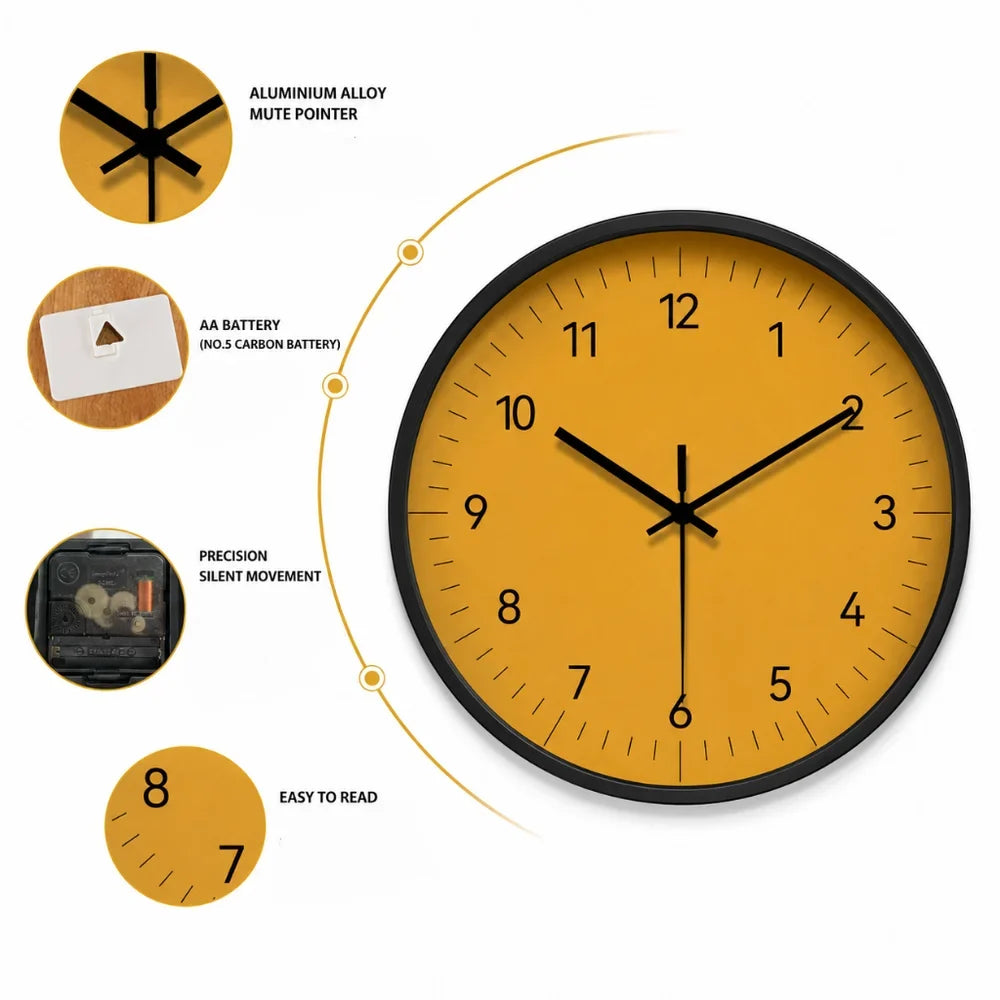 Yellow Wall Clock with Silent Movement, 25–35 cm, Scandinavian Minimalist Analog Design for Living Room, Bedroom, or Kitchen | Sansoti