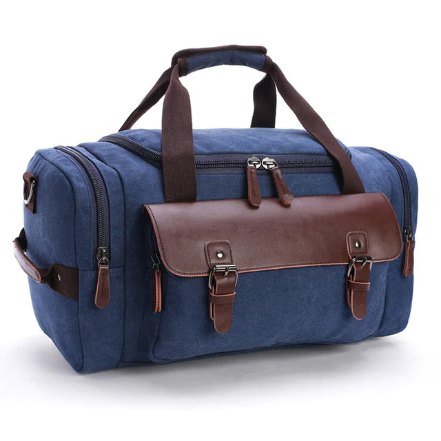 Geräumige Reisetasche aus Leder und Canvas - Wasserdicht - Blau - Langlebig für Arbeit und Wochenendausflüge - Stilvoll | Sansoti