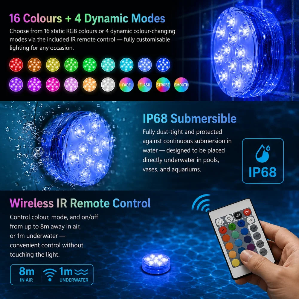 Underwater RGB LED Light in 10 Colors with Remote Control, Suction Cup for Pool, Pond, Aquarium, Decorative Lighting | Sansoti