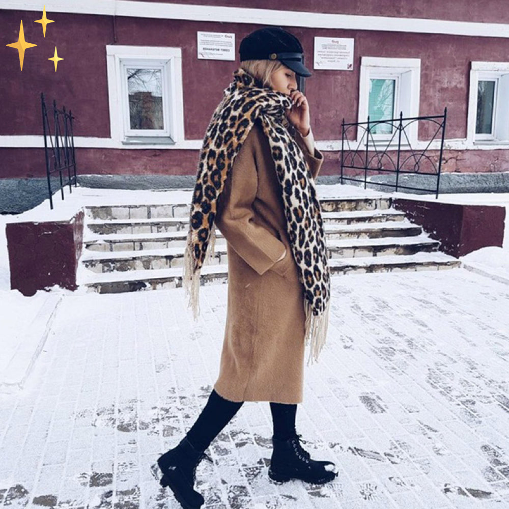 Gebreide Halsdoek Dierenprint Wolmix Wintersjaal Franjes Zachte Halswarmer Sjaal Winter Dames Accessoire | Sansoti