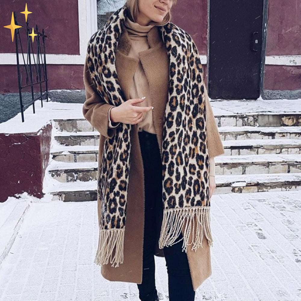 Gebreide Halsdoek Dierenprint Wolmix Wintersjaal Franjes Zachte Halswarmer Sjaal Winter Dames Accessoire | Sansoti