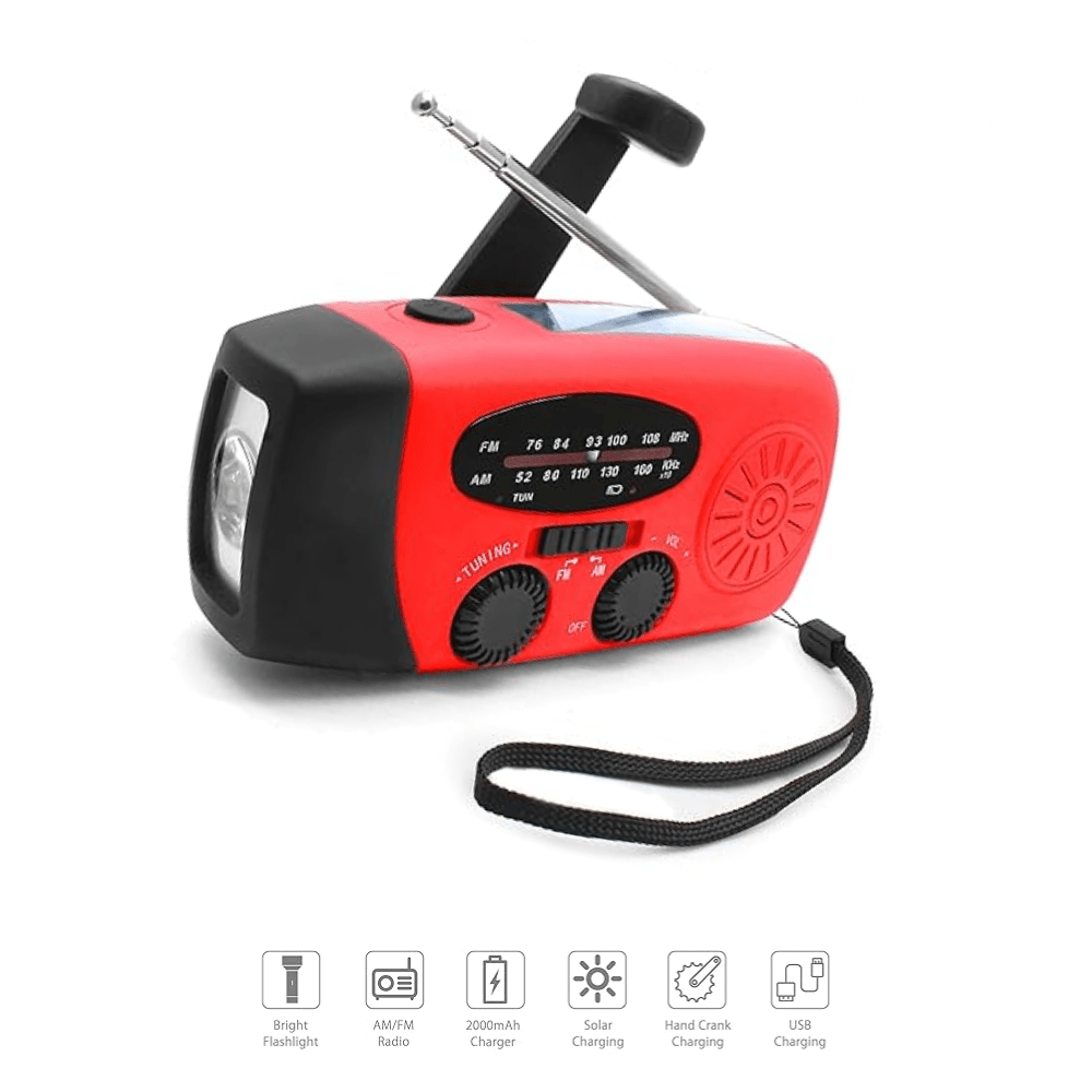 Emergency radio with flashlight and charger | Hand crank, solar power & USB